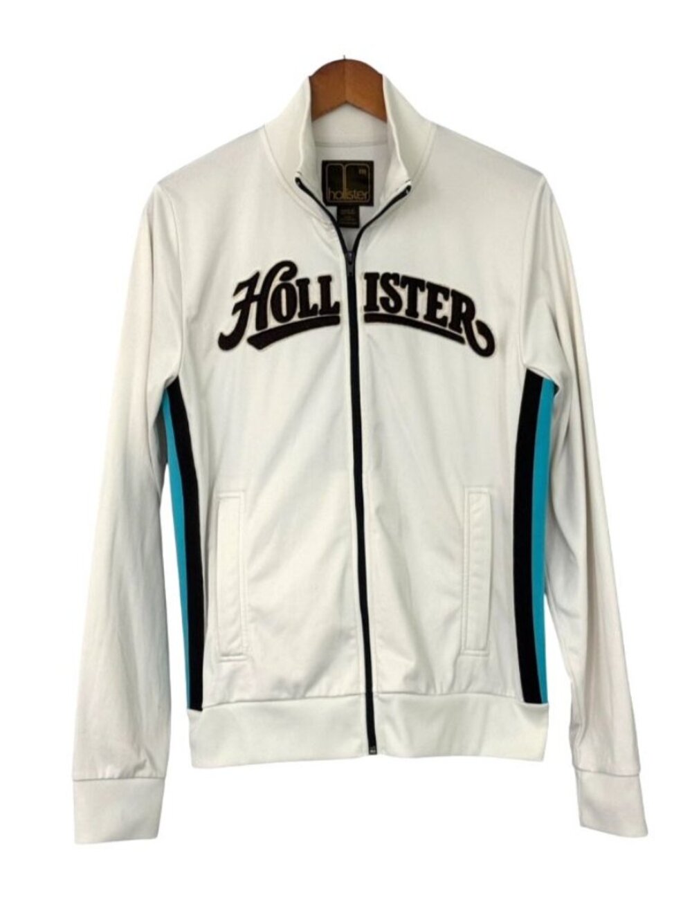 Vintage Hollister Track Jacket Cream Brown Logo Pockets Retro Y2K Zip Up Size M